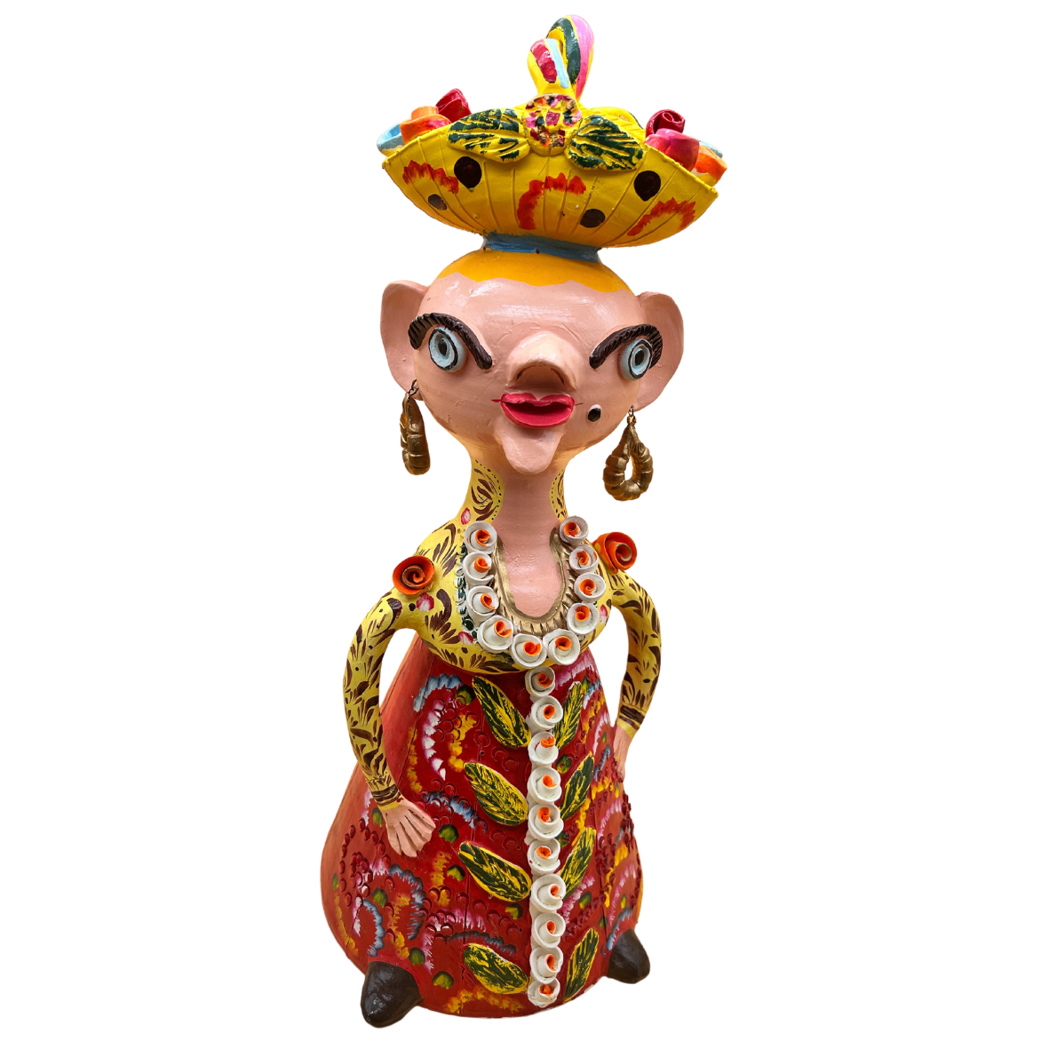 Estatueta colorida de mulher com vestido floral e chapéu decorativo