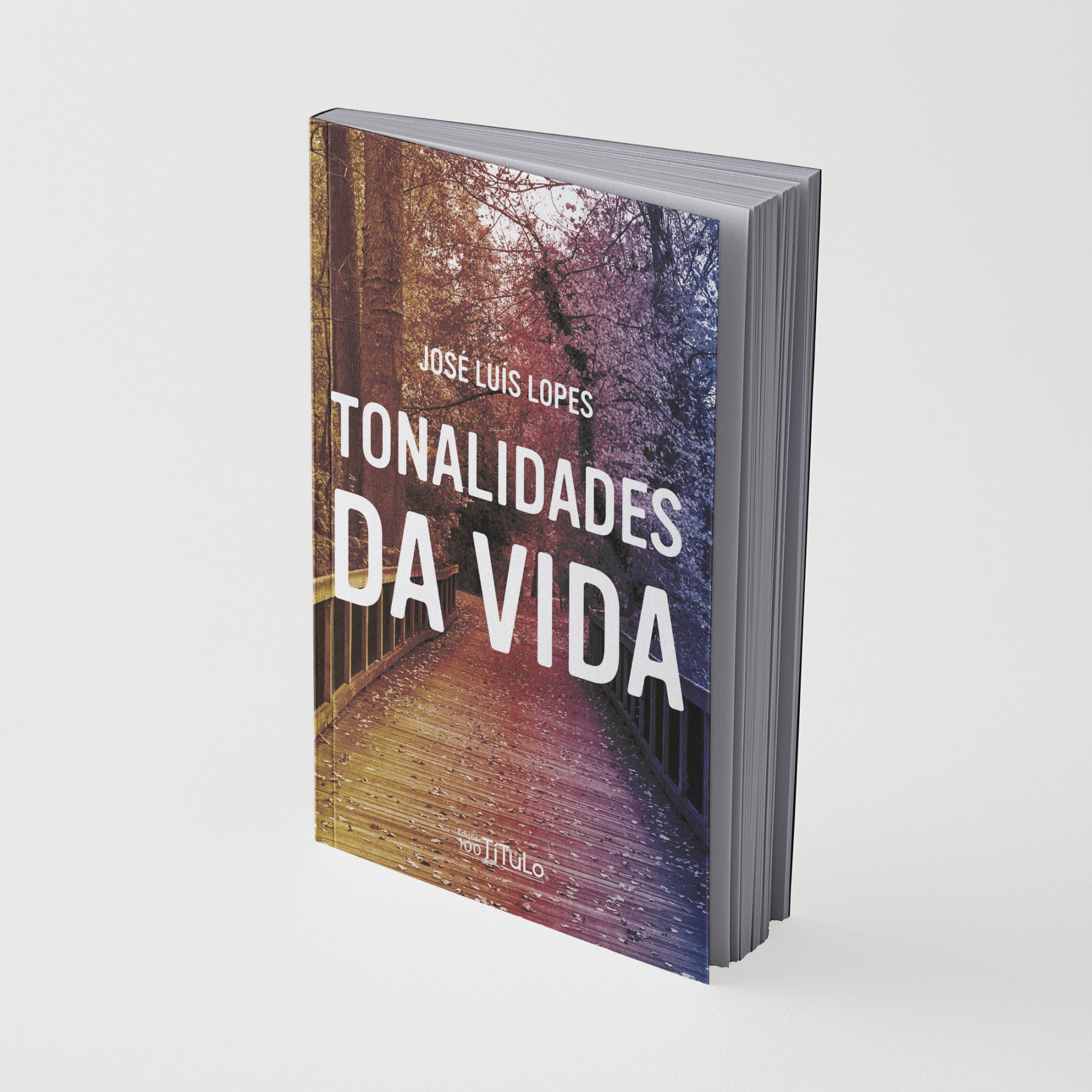Livro com capa multicolorida mostrando uma ponte de madeira e árvores, com título e autor em letras brancas.
