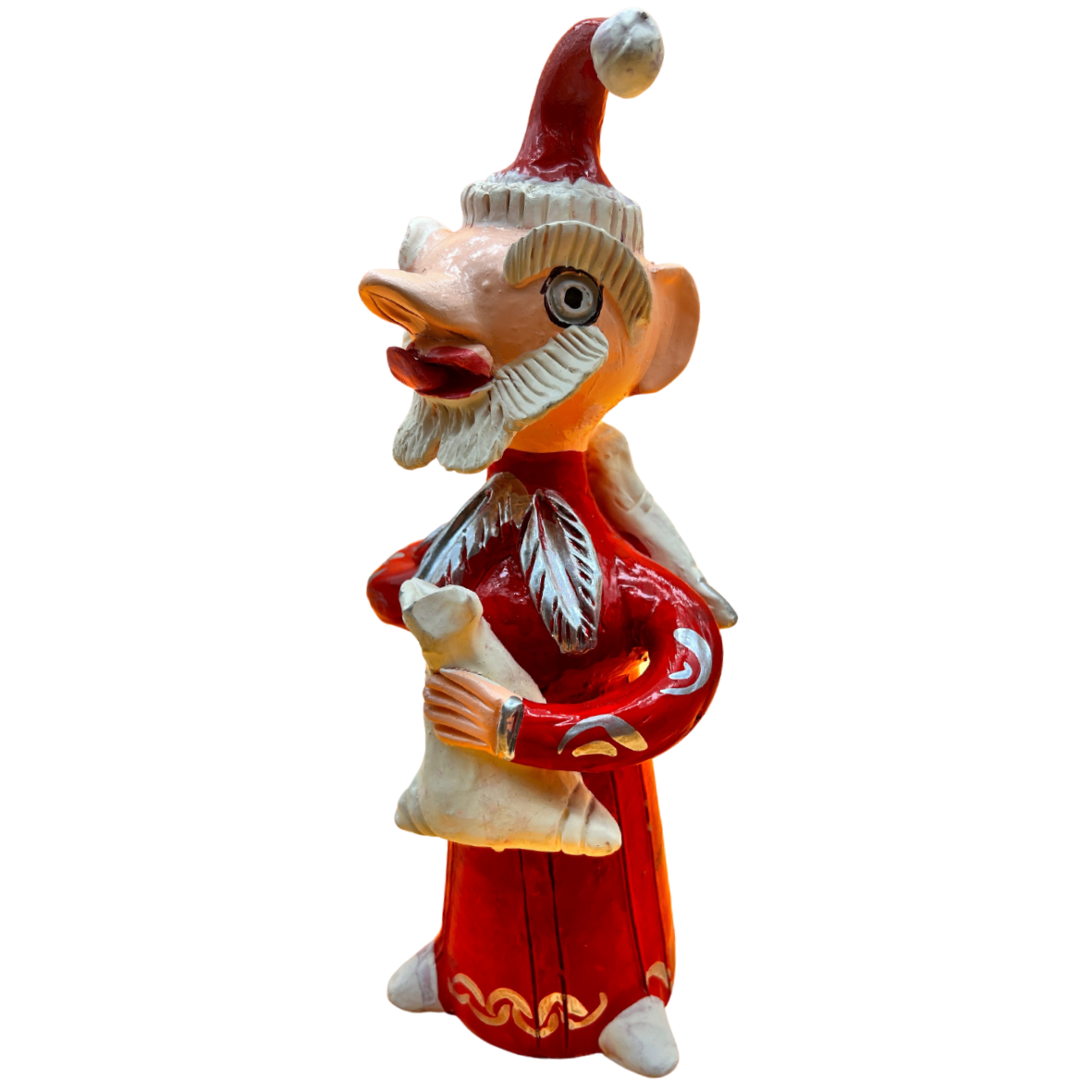Figura decorativa cerâmica de personagem com gorro de Pai Natal e túnica vermelha