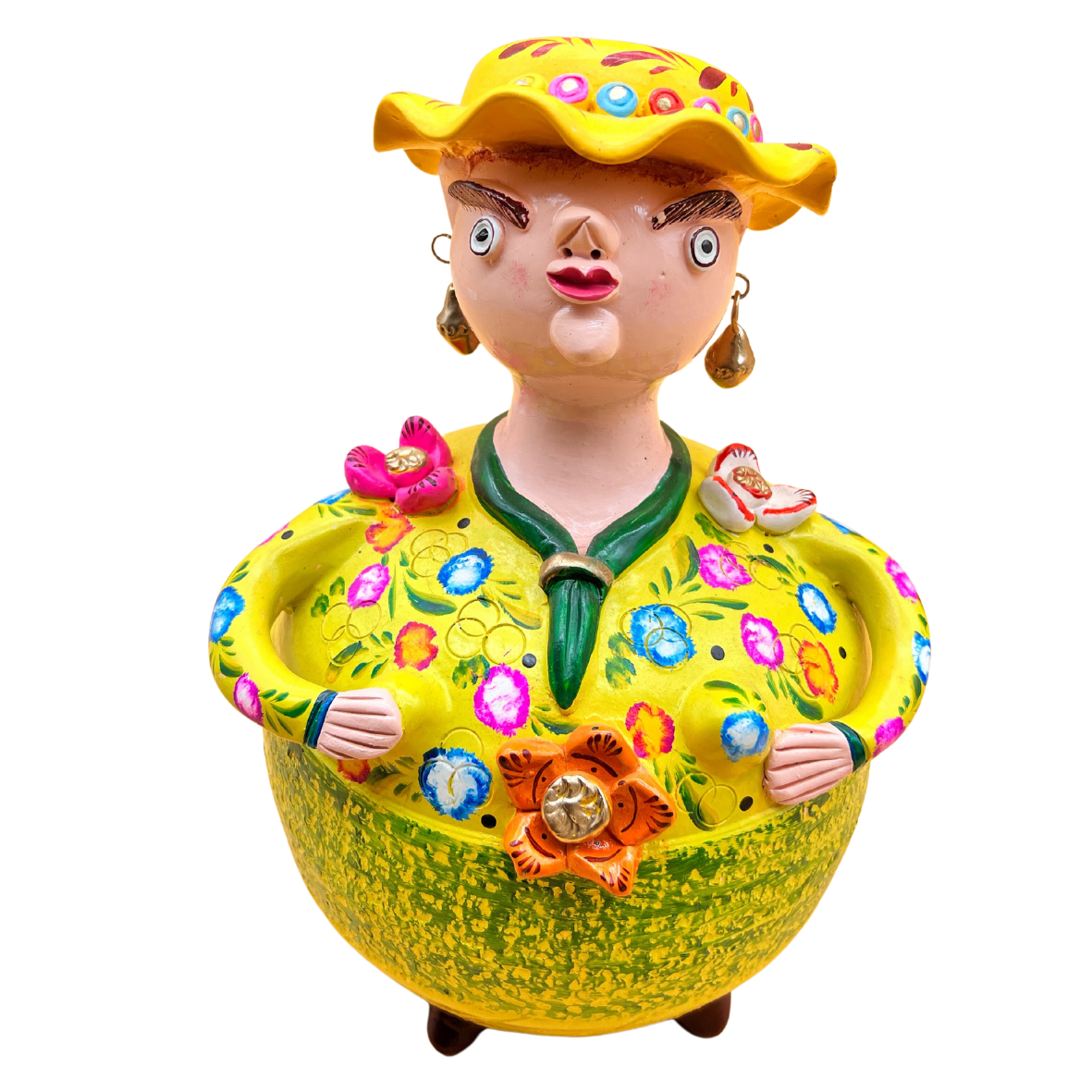 Escultura decorativa de figura feminina com chapéu e vestido floridos