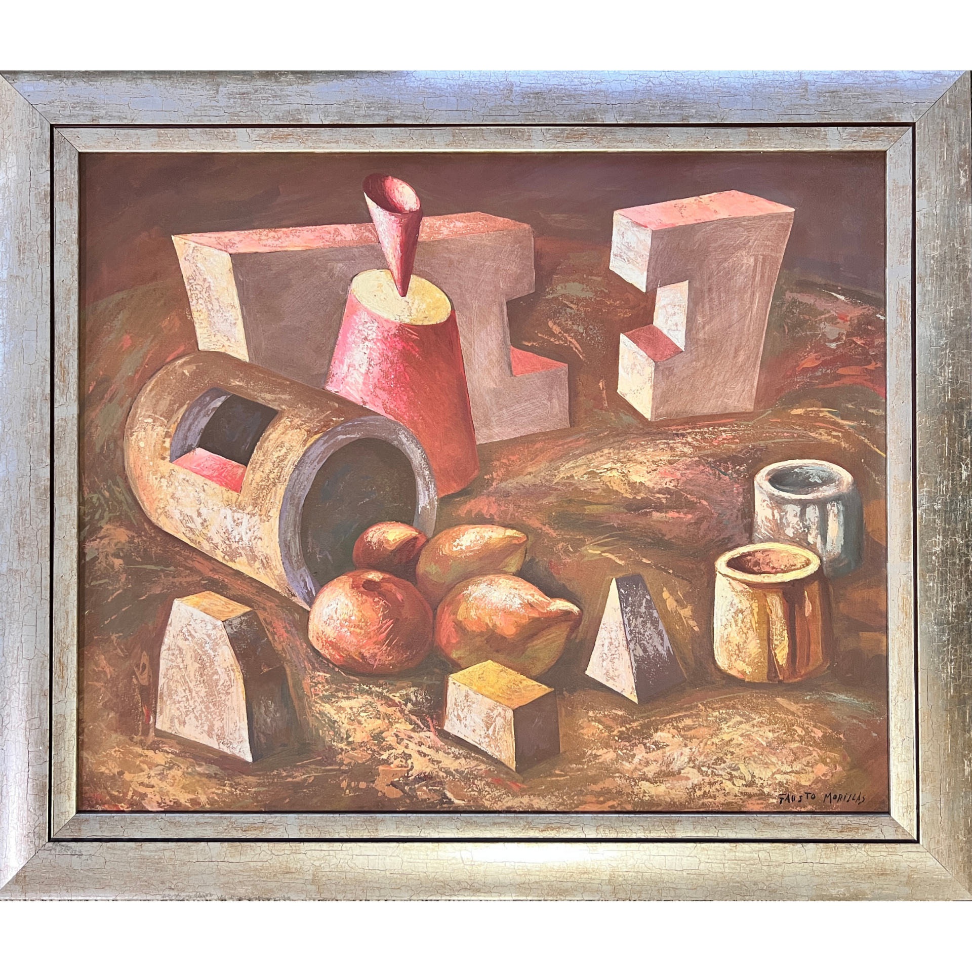 Pintura abstrata geométrica em cores terrosas com moldura prateada