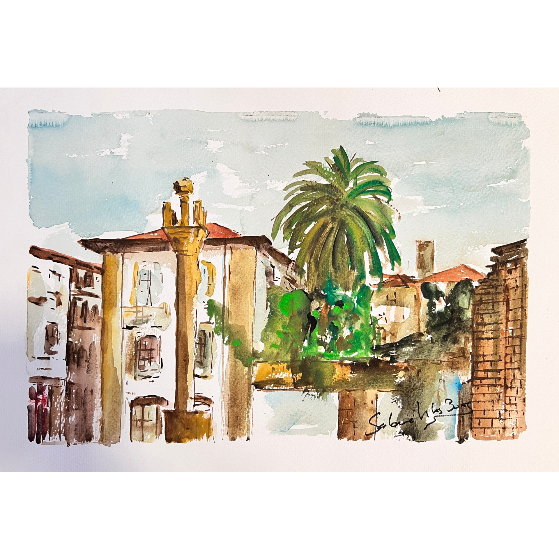 Pintura aguarela de cenário urbano com edifícios antigos, palmeira e colunas.