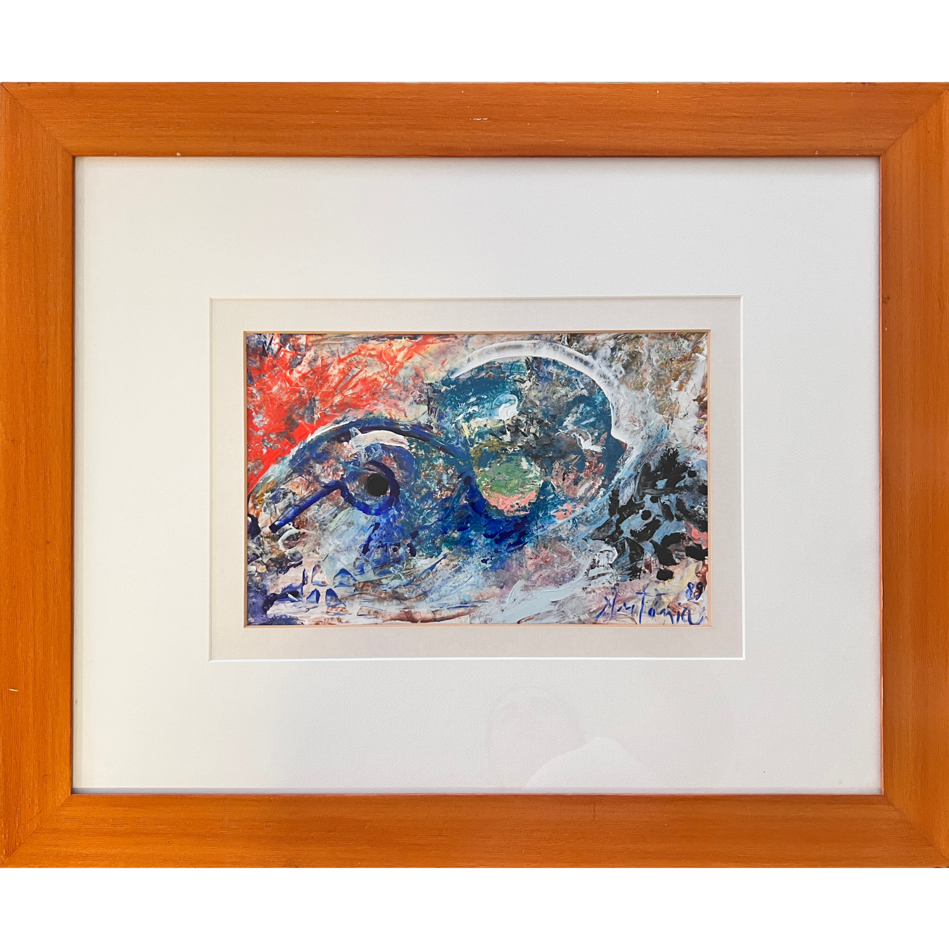 Quadro com pintura abstrata em moldura de madeira laranja