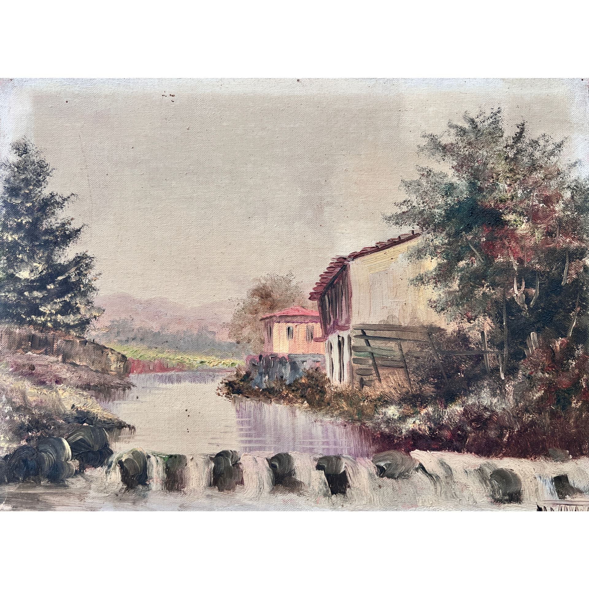 Pintura de paisagem rural com rios, árvores e casas em tons pastel