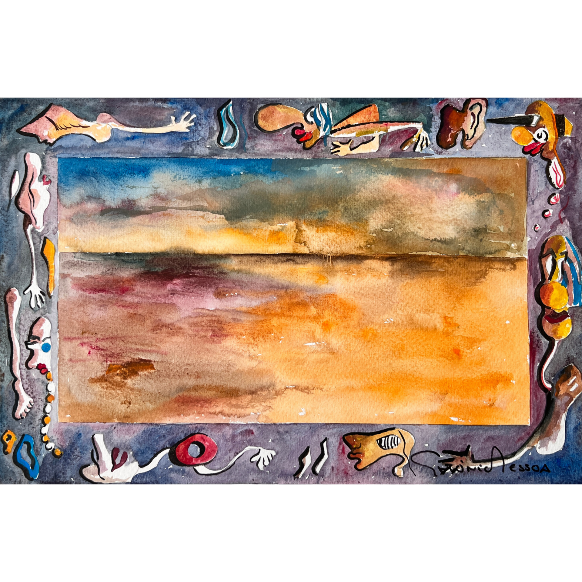 Pintura abstrata com moldura de desenhos coloridos e assinatura Fernando Pessoa.