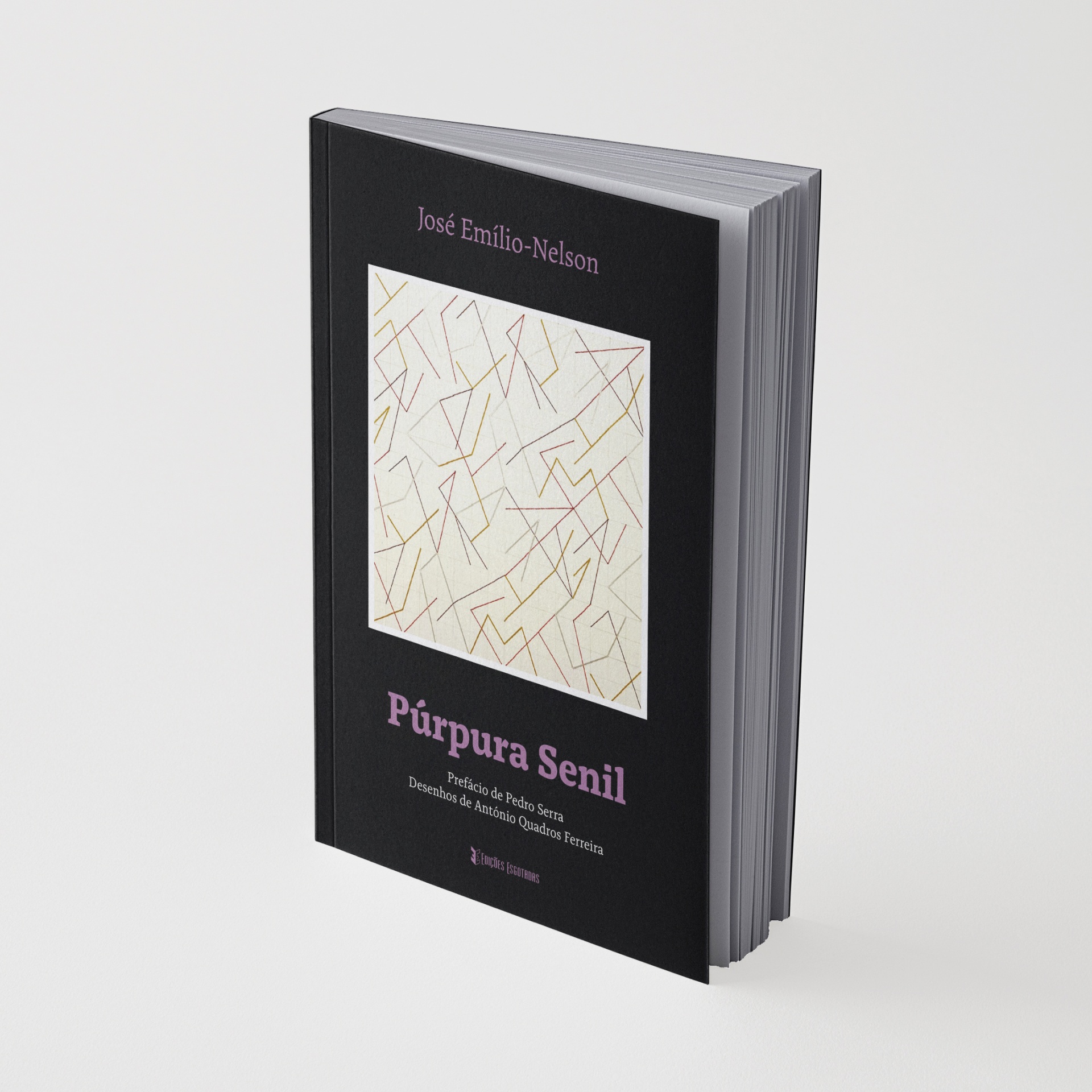Livro Púrpura Senil com capa preta e padrão geométrico multicolorido