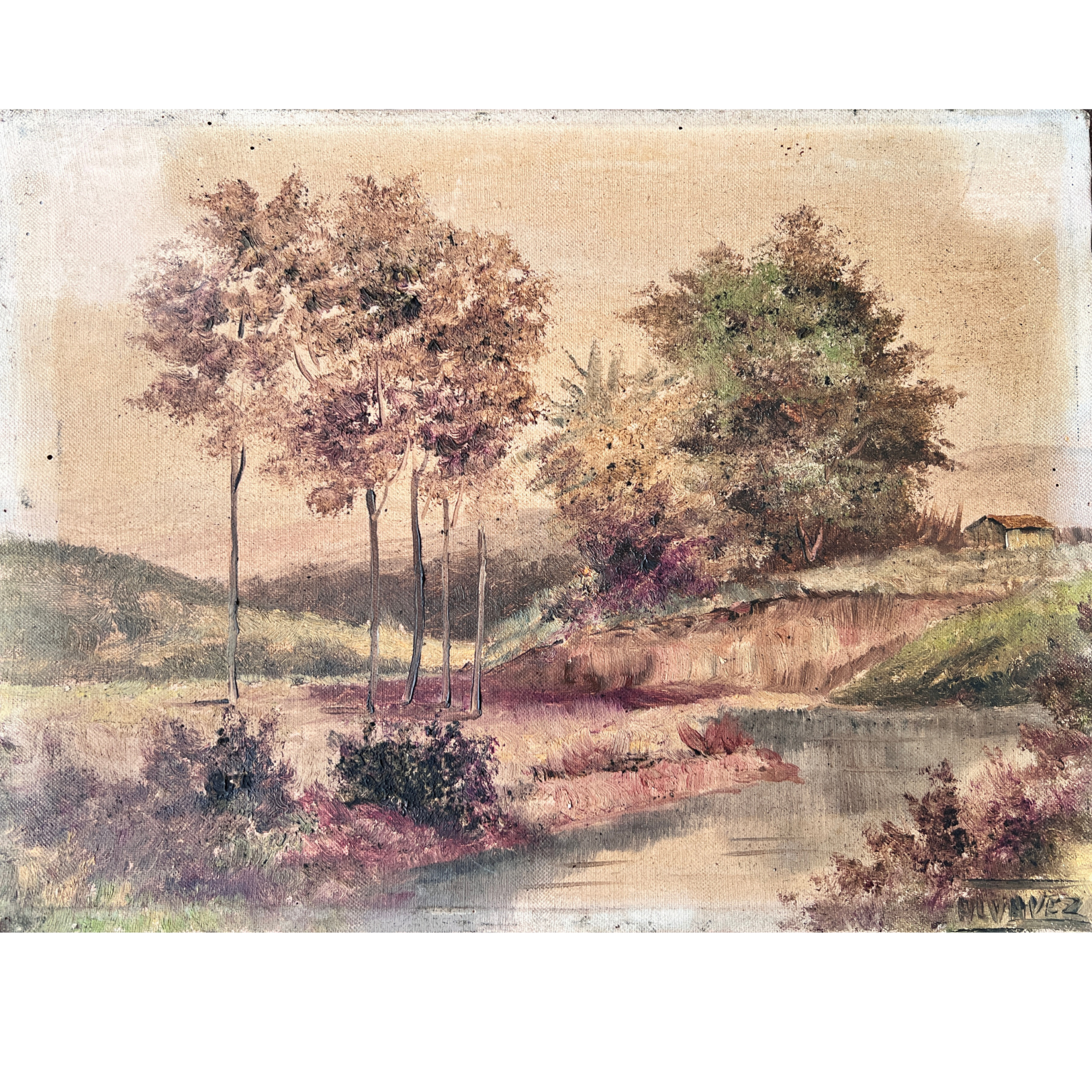 Pintura a óleo paisagem com árvores e rio, outonal, assinada M.V.