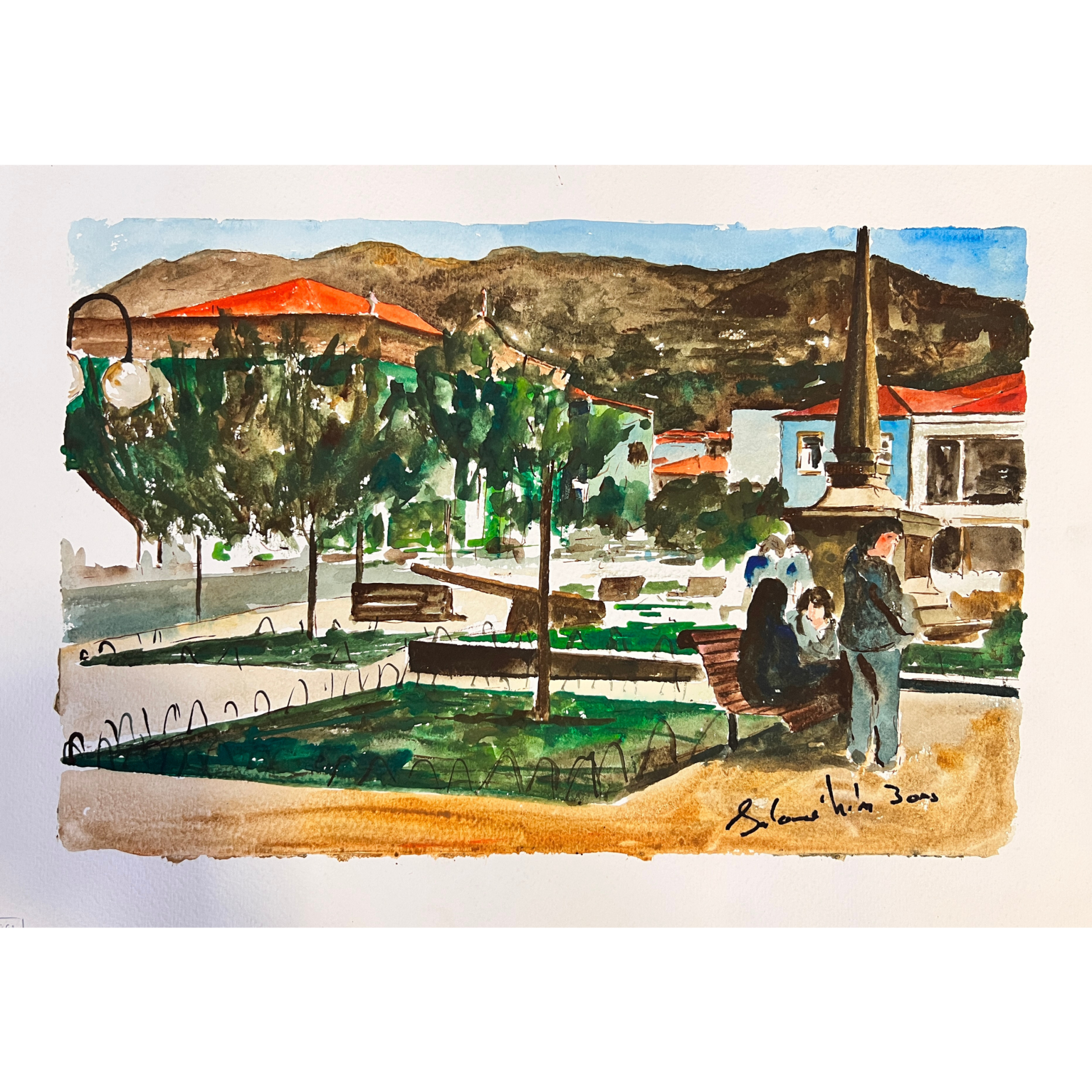 Ilustração em aguarela de parque com árvores, bancos, obelisco e pessoas