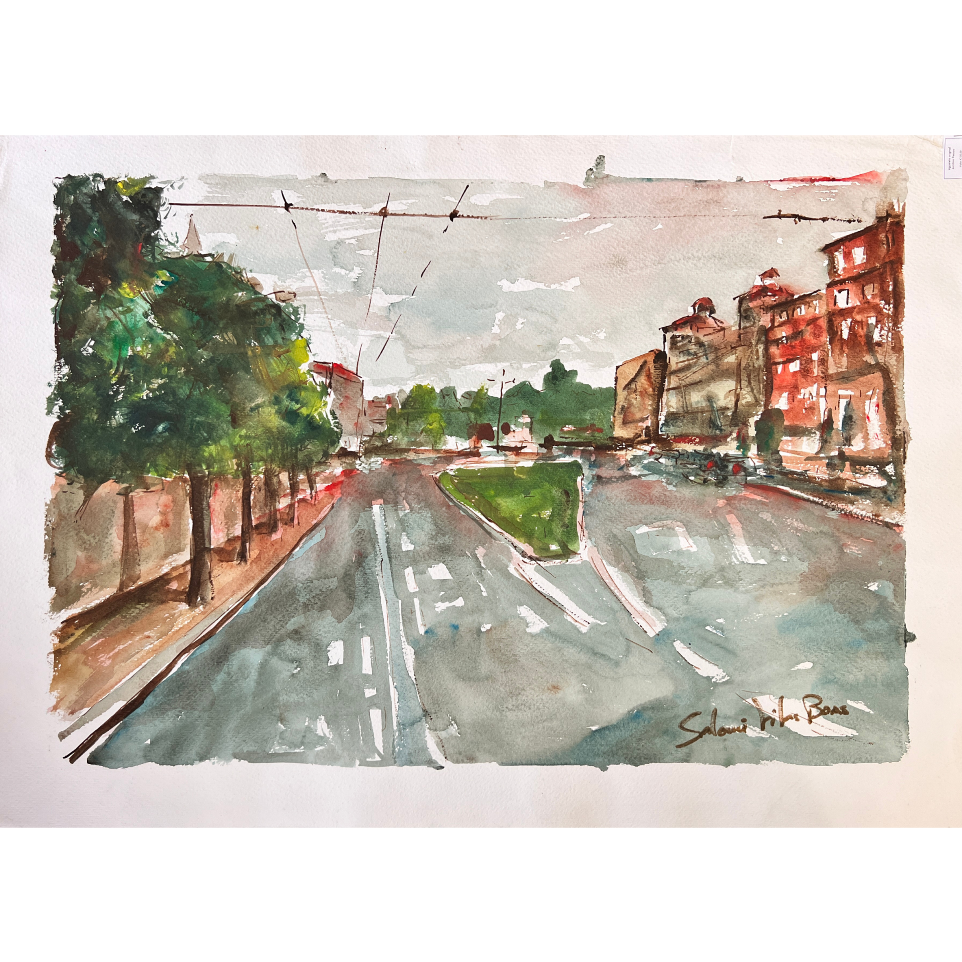 Pintura em aguarela de rua urbana com árvores verdes e prédios castanhos