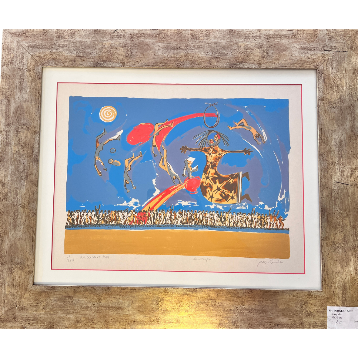 Quadro com arte colorida de figuras humanas abstratas e moldura de madeira rústica