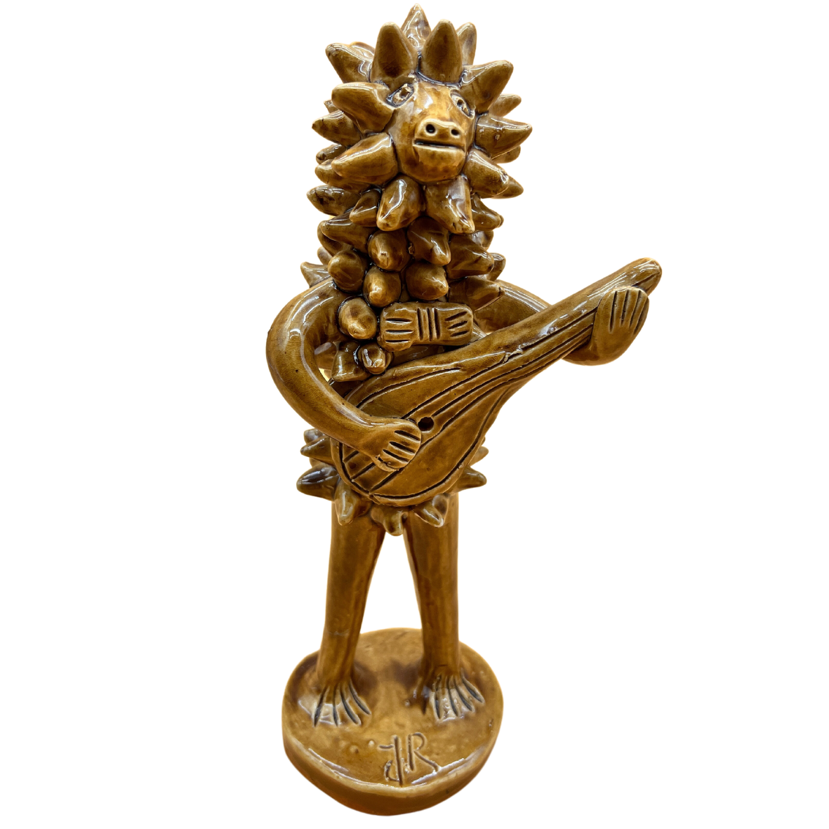 Escultura em cerâmica castanha de figura antropomórfica com sol e guitarra