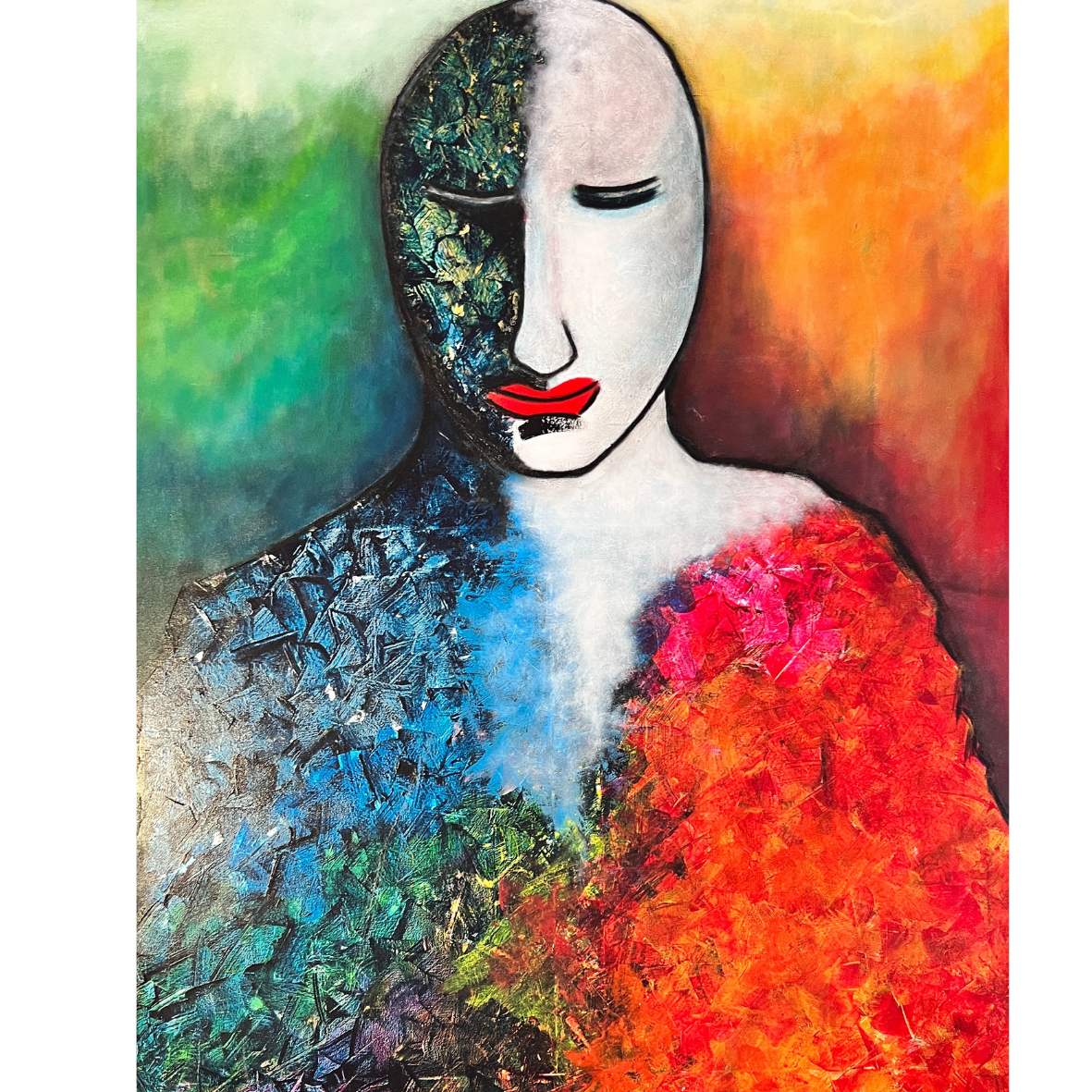 Pintura abstrata de rosto dividido em cores e texturas diferentes.