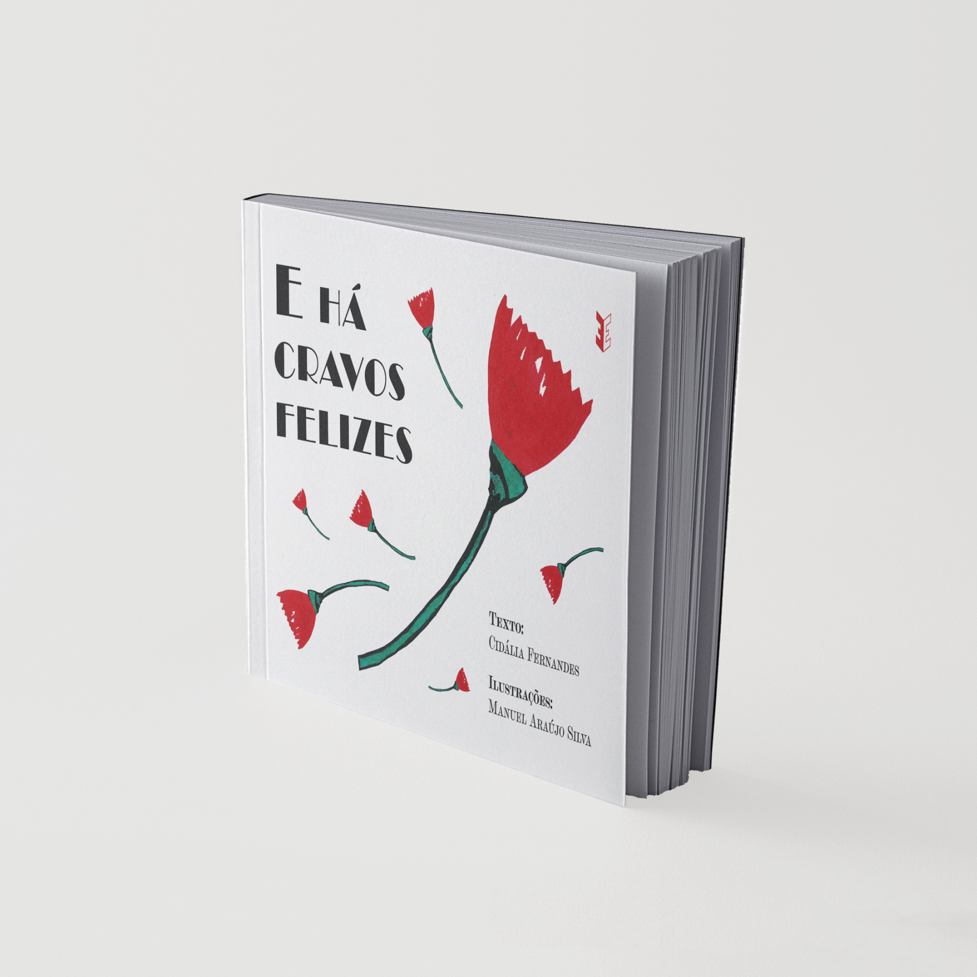 Livro com capa branca, cravos vermelhos e texto preto