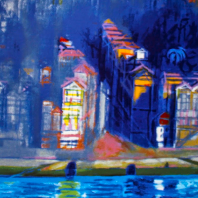 Pintura colorida de cidade à beira de água com edifícios e reflexos