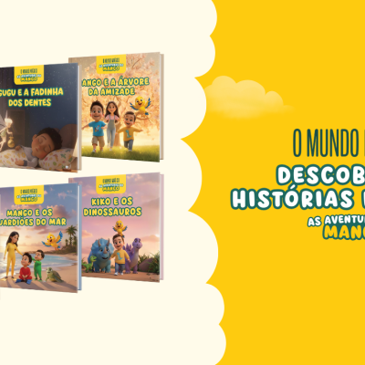 Sete livros infantis da coleção 'O Mundo Mágico As Aventuras do Mango' com capas coloridas e títulos em português sobre fundo amarelo