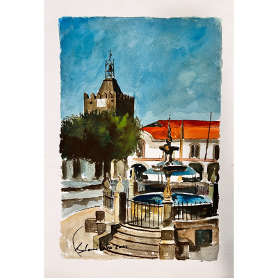 Pintura a aguarela de fonte com água azul, árvores, torre castelo e edifícios com telhados vermelhos.