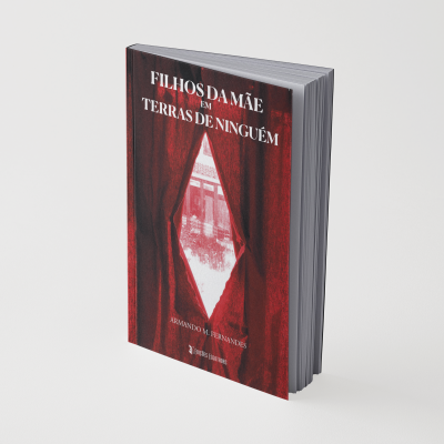 Capa do livro FILHOS DA MÃE EM TERRAS DE NINGUÉM com cortina vermelha e janela ao fundo