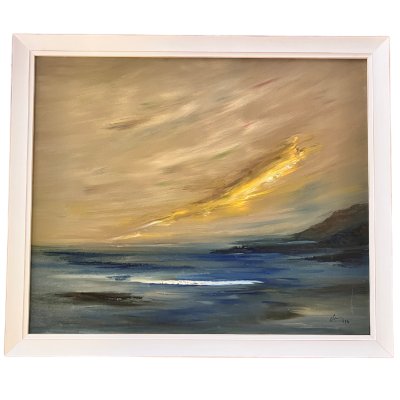 Pintura em quadro com paisagem marítima ao entardecer e moldura branca