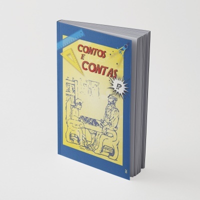 Livro CONTOS E CONTAS com capa azul e ilustração amarela de duas pessoas jogando.