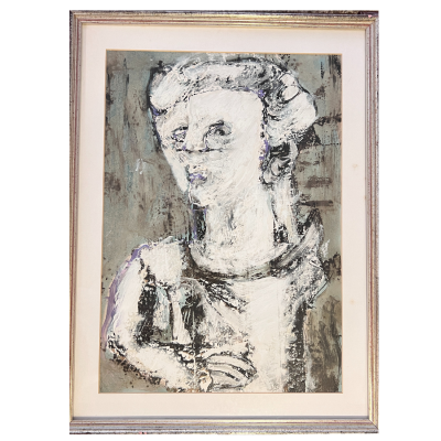 Pintura abstrata de figura humana com moldura prateada e passe-partout clara