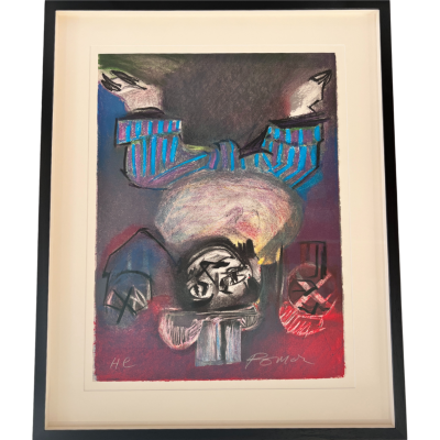 Quadro abstrato colorido em moldura preta com vidro