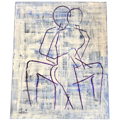Quadro artisticamente pintado com desenho lineal de duas figuras humanas em tons azul e roxo