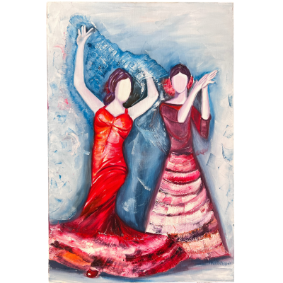 Pintura colorida de duas mulheres sem rosto com vestidos longos em tons de vermelho, rosa e branco