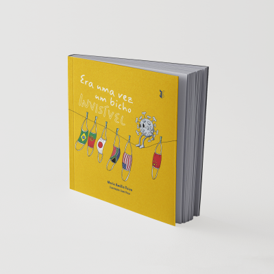 Livro com capa dura amarela e ilustrações de máscaras e vírus, título Era uma vez um bicho invisível.