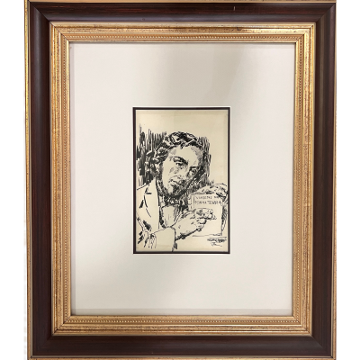 Quadro decorativo com ilustração monocromática de um homem e moldura de madeira castanha com dourado