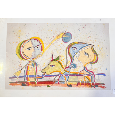 Desenho abstrato colorido com figuras humanas e animais estilizadas