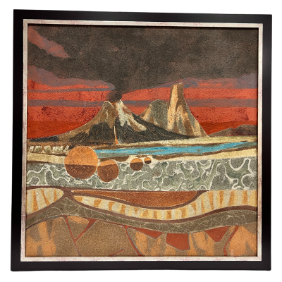 Pintura abstrata de montanhas com formas circulares, linhas onduladas e cores castanho, laranja e verde