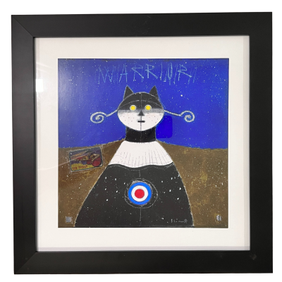 Pintura de gato estilizado em quadro com moldura preta