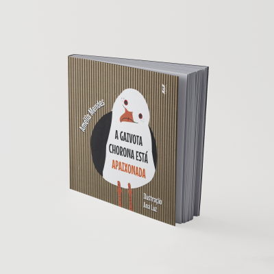 Capa de livro com ilustração de gaivota e texto em castanho, preto e laranja