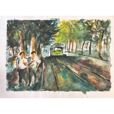 Aquarela de dois homens a caminhar numa rua arborizada com um carro verde ao fundo.