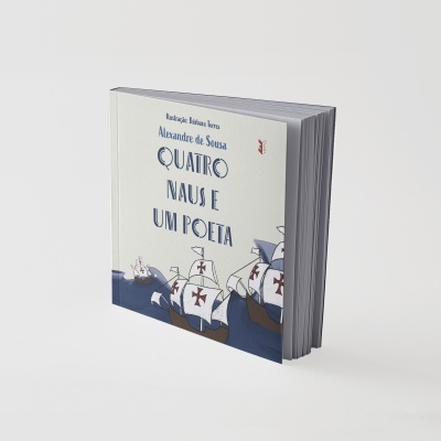 Livro capa branca com ilustração de navios e texto em azul