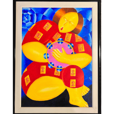 Pintura abstrata colorida de figura humana com padrão de cartas vermelhas e fundo azul