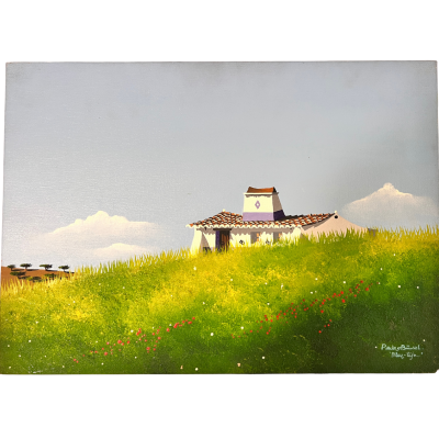 Pintura de casa branca em campo verde com flores e céu azul