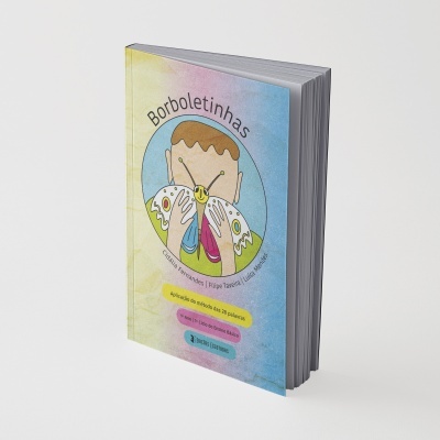 Livro Borboletinhas com capa colorida mostrando criança segurando borboleta e texto educativo.