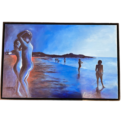 Pintura de praia ao entardecer com figuras humanas nuas em azul e castanho