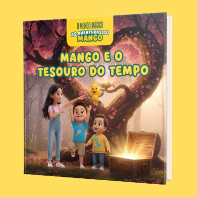 Capa de livro infantil com personagens animados, árvore em forma de coração e baú aberto com luz.