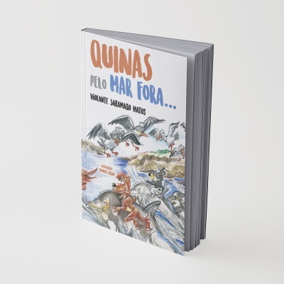 Livro com capa branca, ilustração de aves e texto QUINAS pelo MAR FORA...