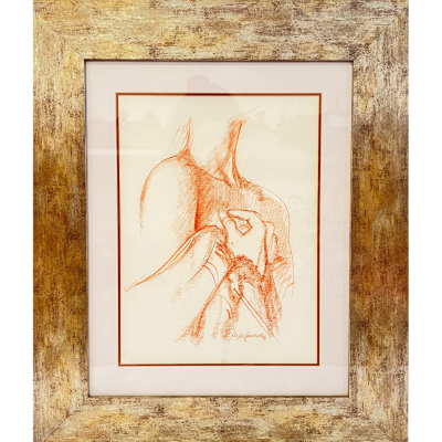 Desenho a lápis vermelho de figura humana em moldura envelhecida dourada