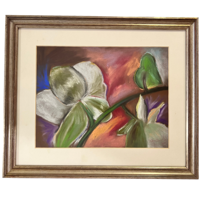 Pintura emoldurada de flores e folhas a pastel em tons coloridos