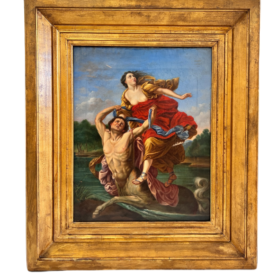 Pintura em moldura dourada com figuras humanas em cenário natural