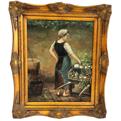 pintura a óleo de mulher a cuidar de flores com moldura dourada decorativa