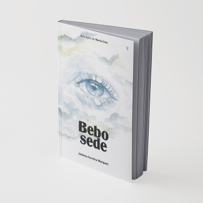 Livro com ilustração de olho em tons azuis e texto Bebo sede na capa