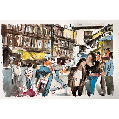 Aguarela de rua movimentada com pessoas e edifícios antigos em tons castanhos e amarelos