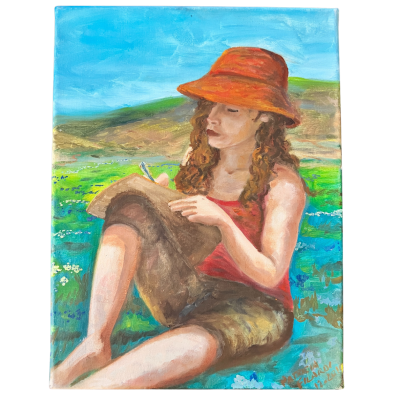 Pintura a óleo de jovem com chapéu laranja sentada em campo a escrever num bloco de notas