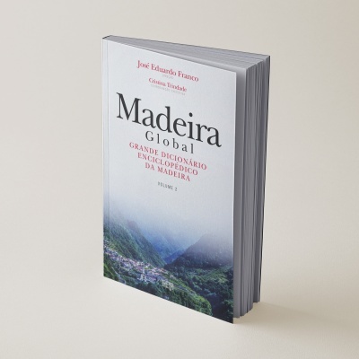 Livro com capa branca e imagem de paisagem verde, texto Madeira Global em destaque