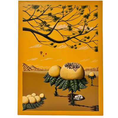 Pintura de plantas com frutos amarelos e folhas verdes sobre fundo laranja com céu e nuvens.